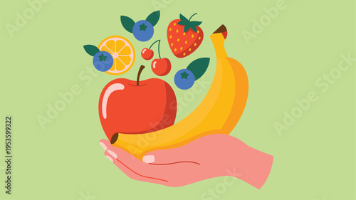 Hand holding fresh fruits apple banana blueberry cherry orange