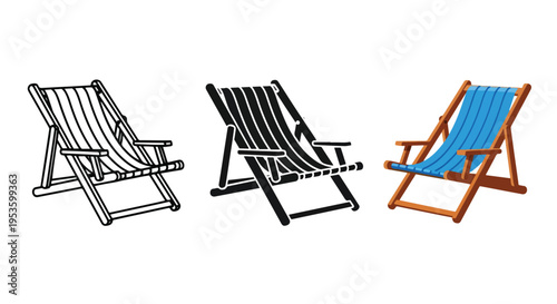 Three deck chairs icons set isolated - Clipart, logo template - Vector icon set - Glyph and solid icon set - Icon vector - Flat Design Icon - line icon set - Silhouette icon - Logo vector