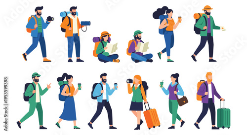 People traveling, tourists with backpacks, luggage, and maps, walking and exploring