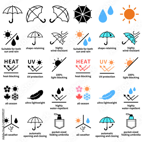 傘の機能表示アイコンセット 英語テキスト付き 晴雨兼用 UVカット 遮熱 撥水 耐風 軽量 折りたたみ傘 日傘 雨傘 商品説明用 ピクトグラム イラスト 素材 海外向け 全天候ベクターイラスト