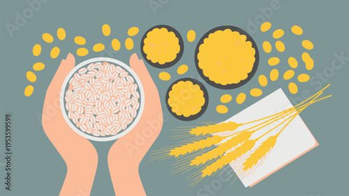 Hands holding oat grains wheat cereal bowls