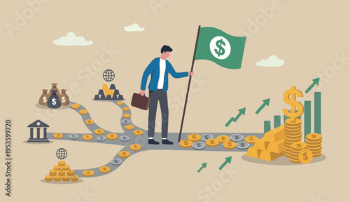 Cash flow, investment fund flow, fund raising, bank loan financial activity making money profit concept, Businessman leader or investor holding flag control flow money Dollar coins