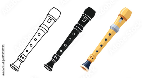 Three recorder flutes icon set vector - Clipart, logo template - Vector icon set - Glyph and solid icon set - Icon vector - Flat Design Icon - line icon set - Silhouette icon - Logo vector