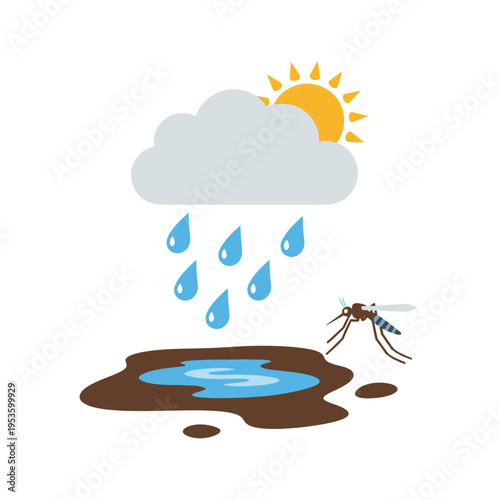 Rain cloud, sunshine, and mosquito near water puddle