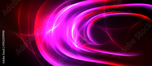 Abstract swirls, vibrant magenta, red hues dominate black background. Dynamic energy radiates from flowing lines, creating visual impact.