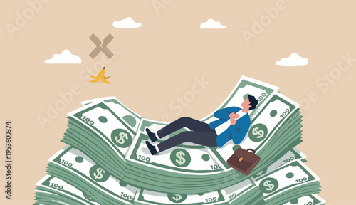 Insurance, reserve money or emergency fund on business failure, mistake accident, compensation money support cushion concept, fail businessman falling huge into money banknotes safety cushion