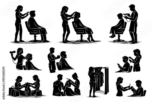 Silhouette of hairdressing and salon activities with multiple figures.