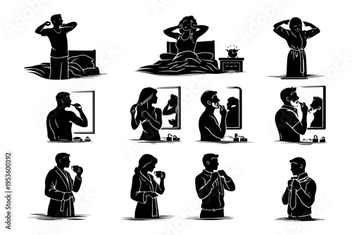 Daily routine silhouettes of men and women performing morning activities.