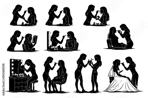 Silhouettes of female makeup artists and clients in various settings.