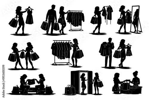 Silhouette shopping scenes with female and male figures in various retail scenarios.