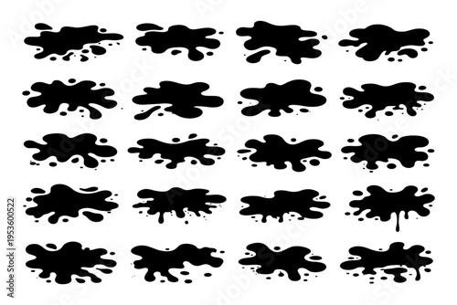 Collection of black ink splatters on a white background in various shapes and sizes.