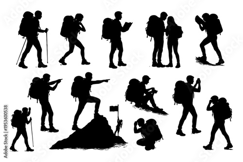 Silhouette of hikers with backpacks in various poses.