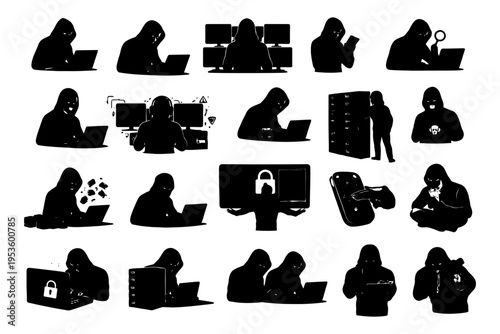 Silhouettes of hooded figures in various tech-related activities.