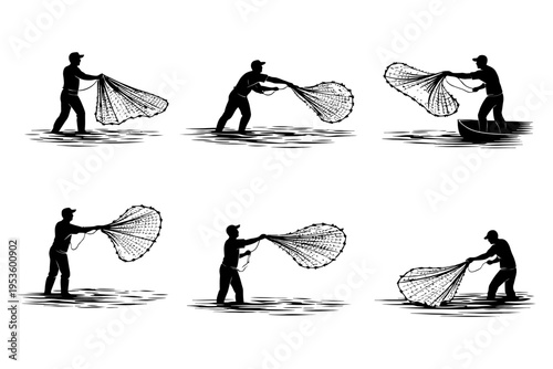 Silhouette of fishermen casting nets: traditional fishing techniques in various poses.
