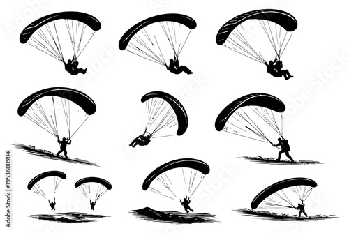Silhouetted paraglider figures in various dynamic flight poses.