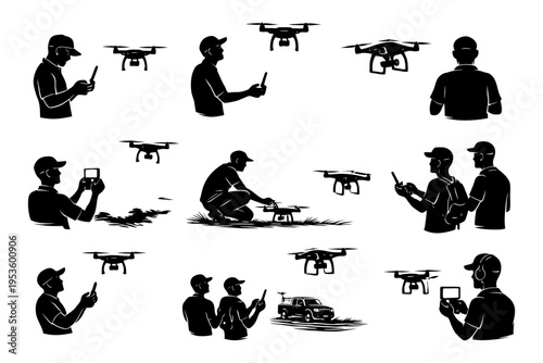 Silhouettes of diverse individuals operating drones in various poses.
