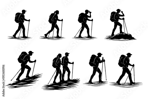 Silhouette hikers with backpacks and walking sticks on adventure.