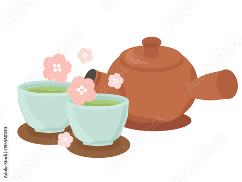 急須と茶托付きの緑茶　桜　イラスト