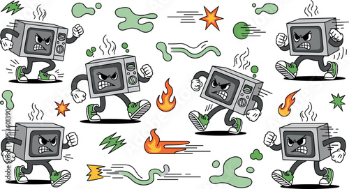 Set of aggressive microwave oven cartoon characters with fire, speed effects and dynamic action poses in comic vector illustration style