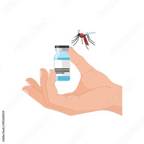 Hand holding vaccine with mosquito, concept of disease control