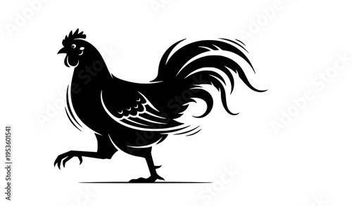 Stylized walking hen silhouette with dynamic feather details vector isolated on white for modern farm branding