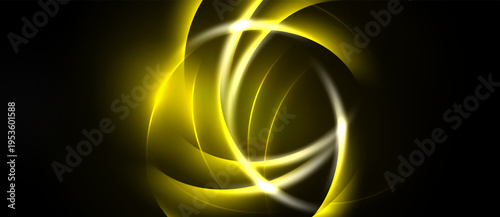 Bright yellow swirls dominate dark background. Abstract design evokes energy, motion, light radiating from center. Smooth curves create dynamic visual impact.