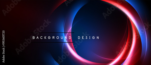Abstract neon circles overlap dark background. Red, blue light creates dynamic visual effect. Text reads background design.