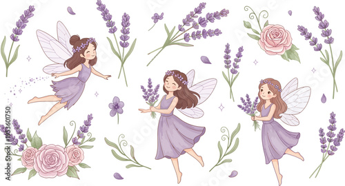 Three women in lavender field with flowers and purple blooms