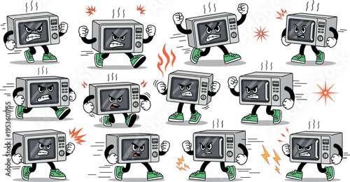Set of angry microwave oven cartoon characters with emotions, actions and dynamic poses in playful comic style vector illustration
