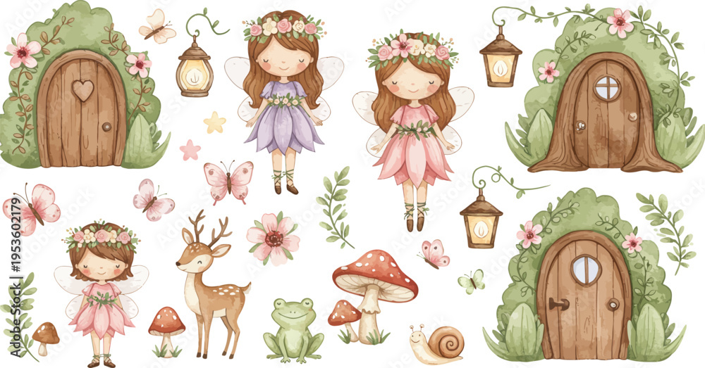 Naklejka premium Whimsical illustration of fairy tale girls with doors and forest creatures in a magical setting with flowers and lanterns