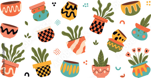 Set of colorful abstract plant pots with decorative patterns and indoor houseplants in trendy modern flat vector illustration style