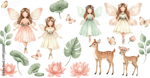 Whimsical illustration of fairies and deer in a serene forest glade with flowers and foliage