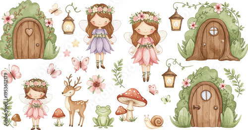 Whimsical illustration of fairy tale girls with doors and forest creatures in a magical setting with flowers and lanterns