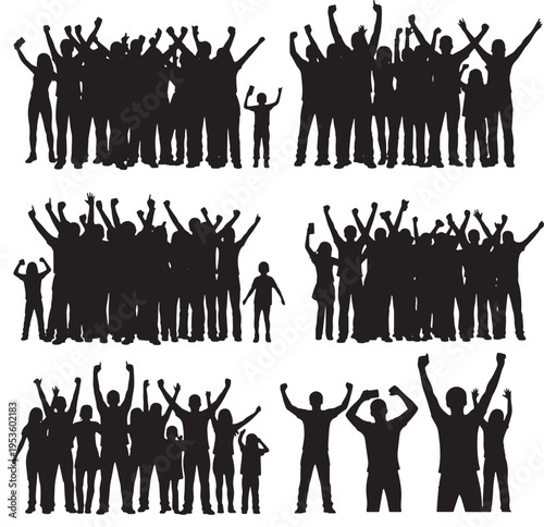 Collection of black silhouette groups demonstrating human collective action, showing diverse people with arms raised in celebration, protest, and community engagement