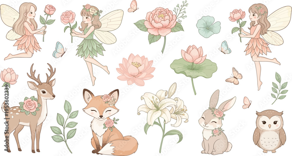 Obraz premium Whimsical forest creatures and flowers in a soft watercolor illustration