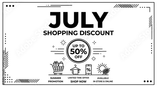 July Shopping Discount Banner with Text and Icons