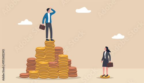 Gender pay gap, inequality between man and woman wage, salary or income, issue about the gender diversification concept, businessman standing much or more paid money coins, woman on less small income 