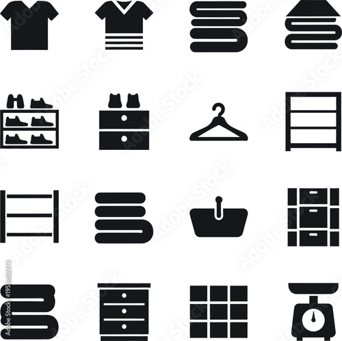 Collection of black representing clothing storage and organization t shirt folded clothes shoes on shelf dresser hanger shelf laundry basket storage drawers scale clothing storage