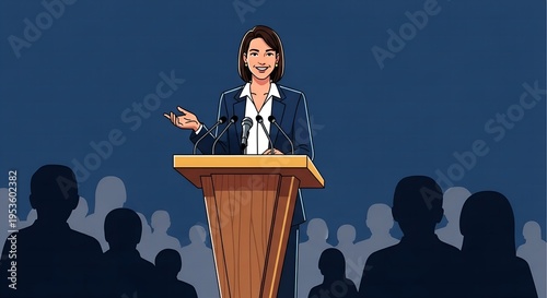 Businesswoman giving a presentation to an audience from a wooden podium at night