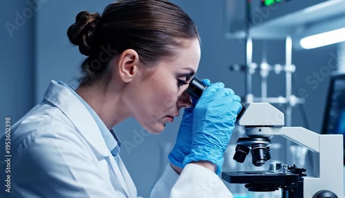 Female scientist carefully examining a sample through a microscope eyepiece in a modern lab. Professional researcher conducting scientific analysis in sterile conditions.