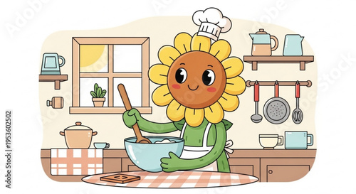 Smiling sunflower character baking cookies in kitchen with chef hat