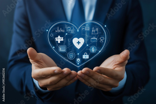 Businessman touching the health insurance and coverage plans, medical benefits, policy protection, digital claims, secure records, healthcare support