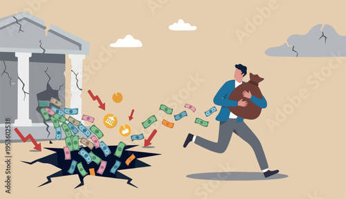 Lose money while trying to get out of stock market in crisis or recession, investment risk fraud, mutual fund expense and cost concept, businessman running with money bag, banknotes fall from hole