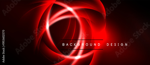 Dynamic red abstract design. Circular shapes radiate from center, creating energetic visual impact. Dark background enhances glow.