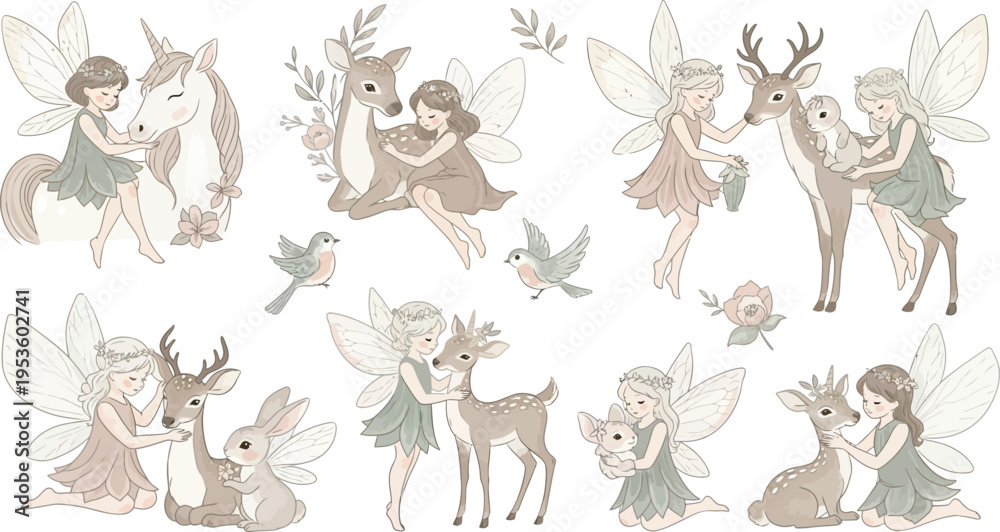 Obraz premium Whimsical illustrations of fairies and deer in a mystical forest setting with soft colors and delicate details