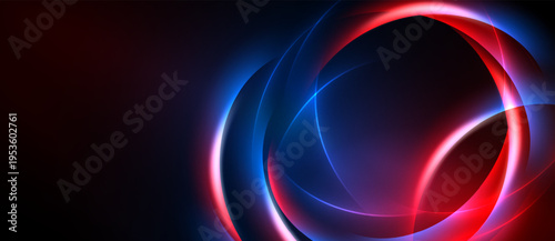Abstract design features glowing curves, vibrant red, blue hues. Dark background emphasizes luminous shapes, creating dynamic visual effect.
