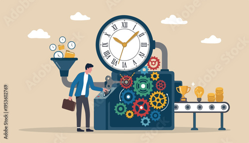 Efficiency or productivity, manage time optimize in management improve increase or performance effective process, businessman combine to clock timer gear cogwheel for best efficiency.