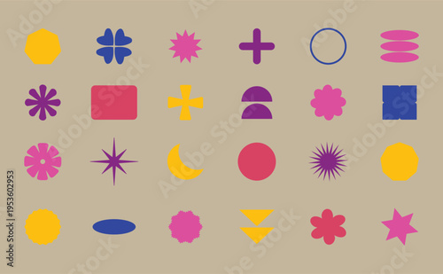 Collection of Colorful Geometric Shapes.Set of colorful brutalist geometric shapes Trendy minimalist basic figures Modern graphic design element on black background Vector illustration