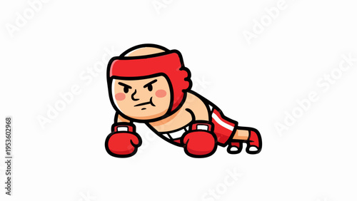 Cartoon boxer doing push ups with red gloves and headgear.