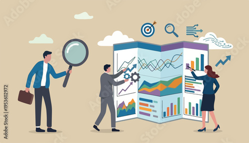 Data analysis and optimization for SEO, marketing research user customer behavior, analyze business trend concept, business people using magnifier a optimize tools analyze chart graph.
